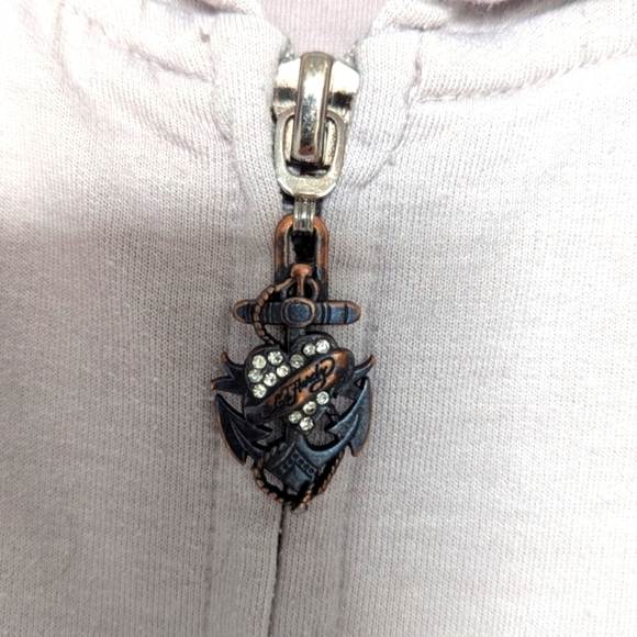 Vintage Ed Hardy Women's (Large) Slim Long Zip-Front Hoodie With Graphics & Lace - Picture 6 of 16